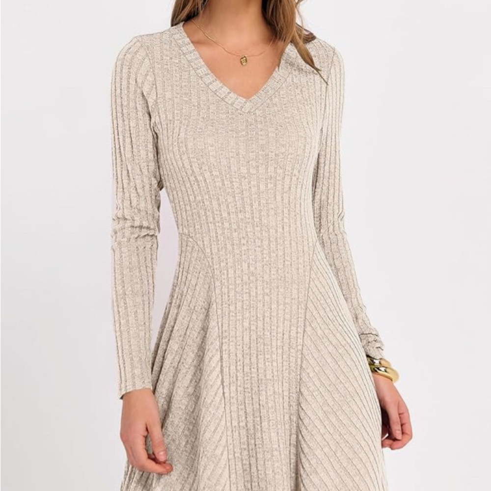 Beige Ribbed Sweater Dress | Long Sleeve Fit & Flare